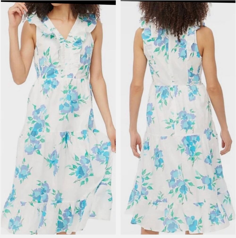 J.Crew Factory Blue Floral Tiered Midi Dress Sleeveless Summer Fit Flare Small